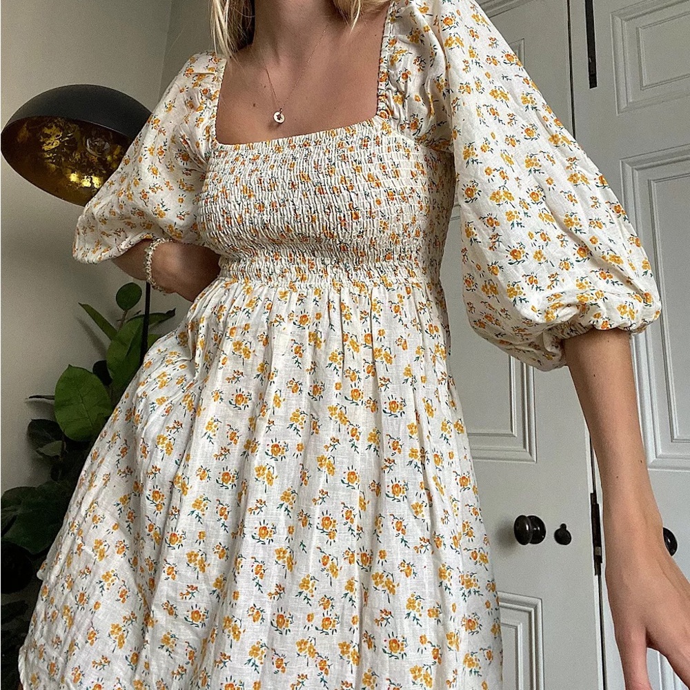 Urban Outfitters Sofia Yellow Floral Linen Mini Dress